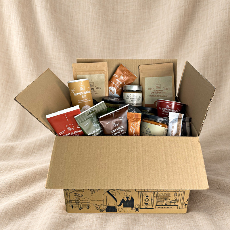 Die gefuellte Whole Food Starter Box, von oben geoeffnet