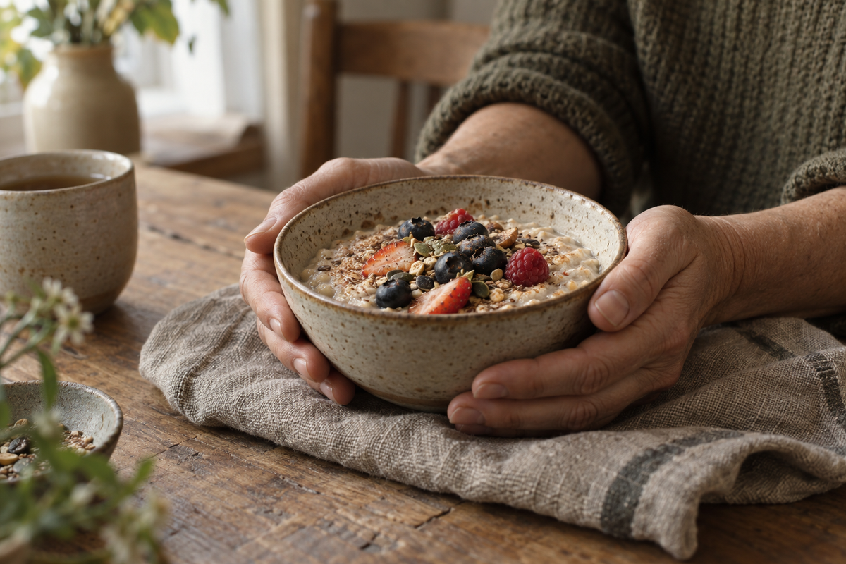 Zwei Haende halten eine Schale Porridge mit Beeren