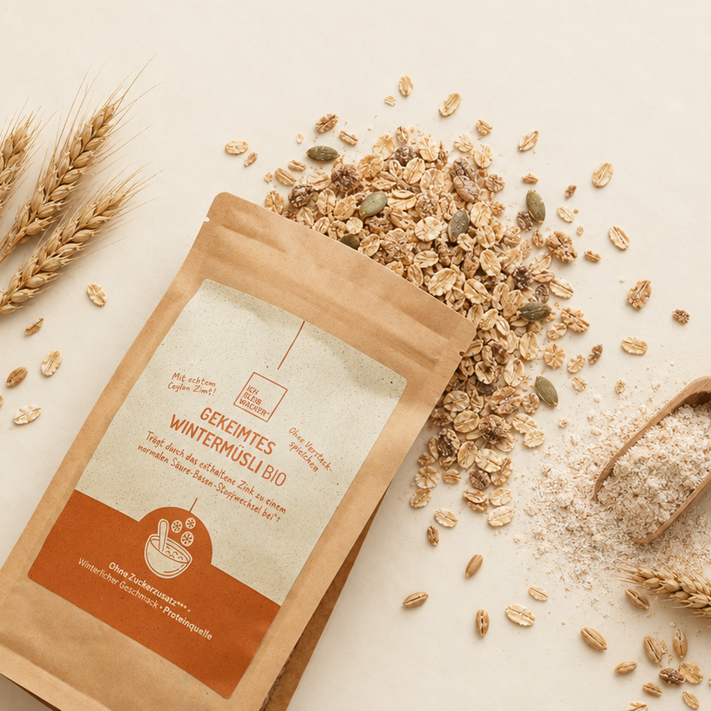 Gekeimtes Wintermuesli mit ganzen Getreideflocken und Aehren
