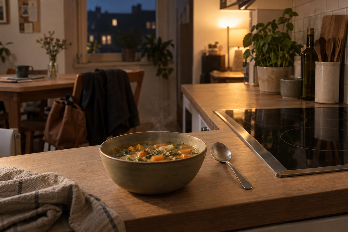 Kueche am Abend, eine Schale Suppe steht bereit, der Herd ist aus